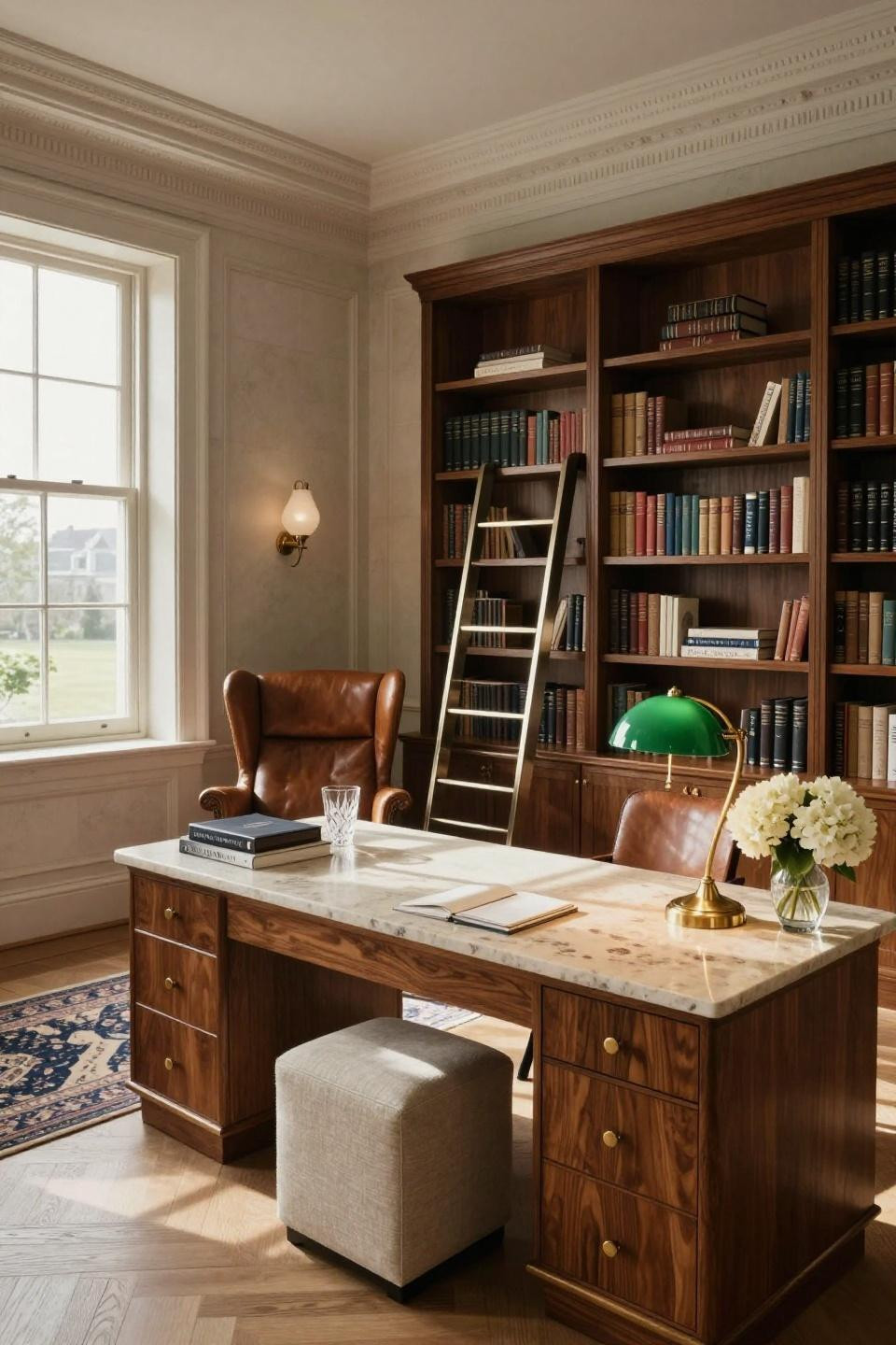 Small home library ideas featuring French limestone panels with walnut shelving in Hamptons beach house office