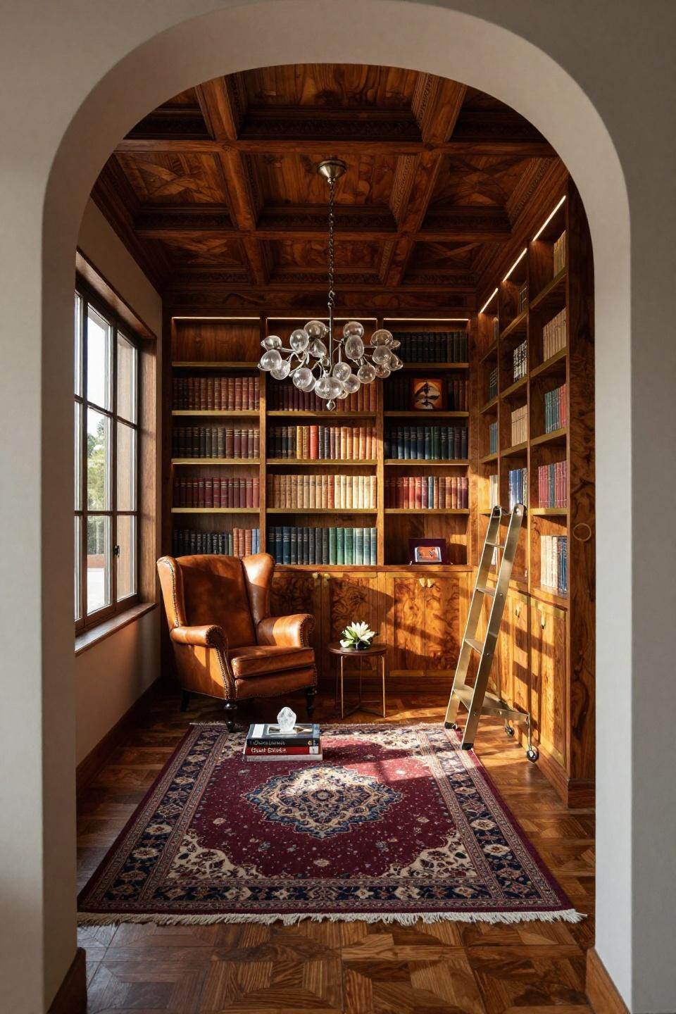Small home library ideas with book-matched walnut burl millwork and brass inlay in Beverly Hills estate
