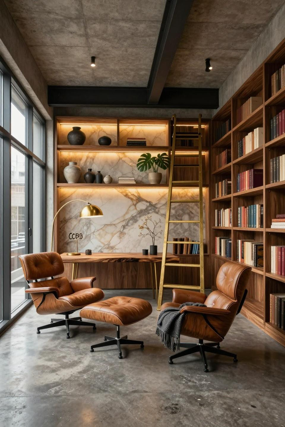 Small home library ideas featuring walnut shelving with brass ladder and onyx panel in Tokyo townhouse