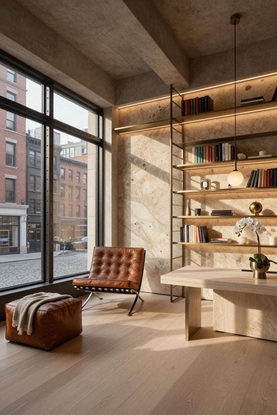 Small home library ideas featuring French limestone millwork with bronze ladder in Tribeca penthouse