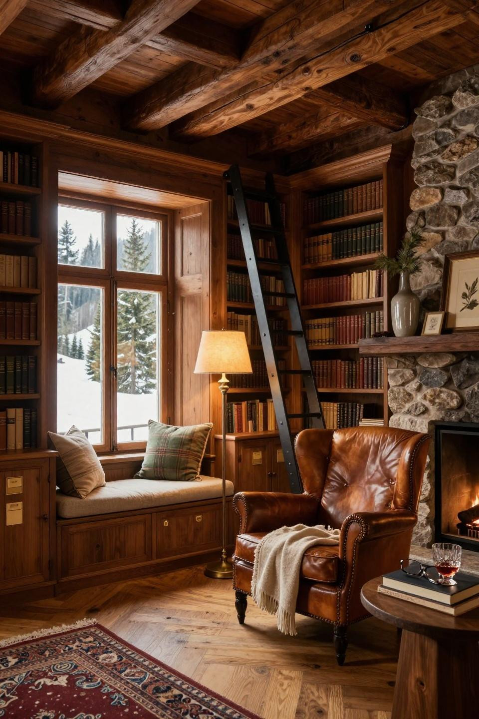 Small home library ideas with walnut shelving and blackened steel ladder in Swiss Alpine chalet