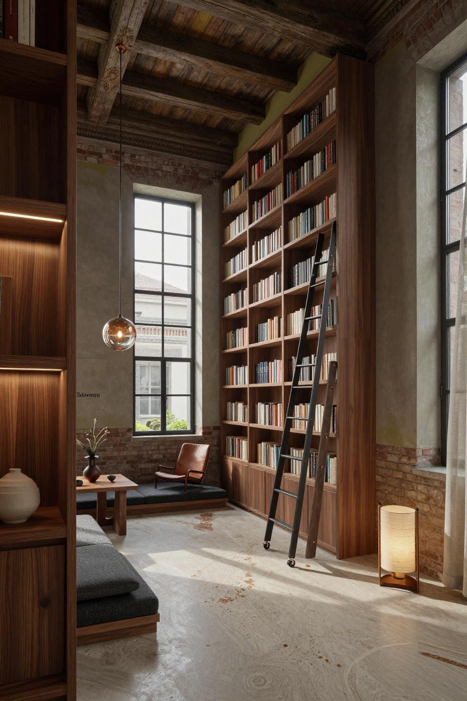 Small home library ideas featuring floor-to-ceiling walnut shelving with bronze ladder in Milan industrial loft