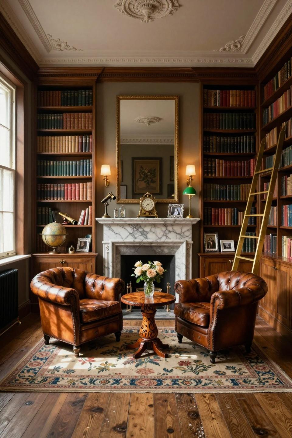 Small home library ideas featuring symmetrical Chesterfield chairs and mahogany library shelving in Georgian townhouse
