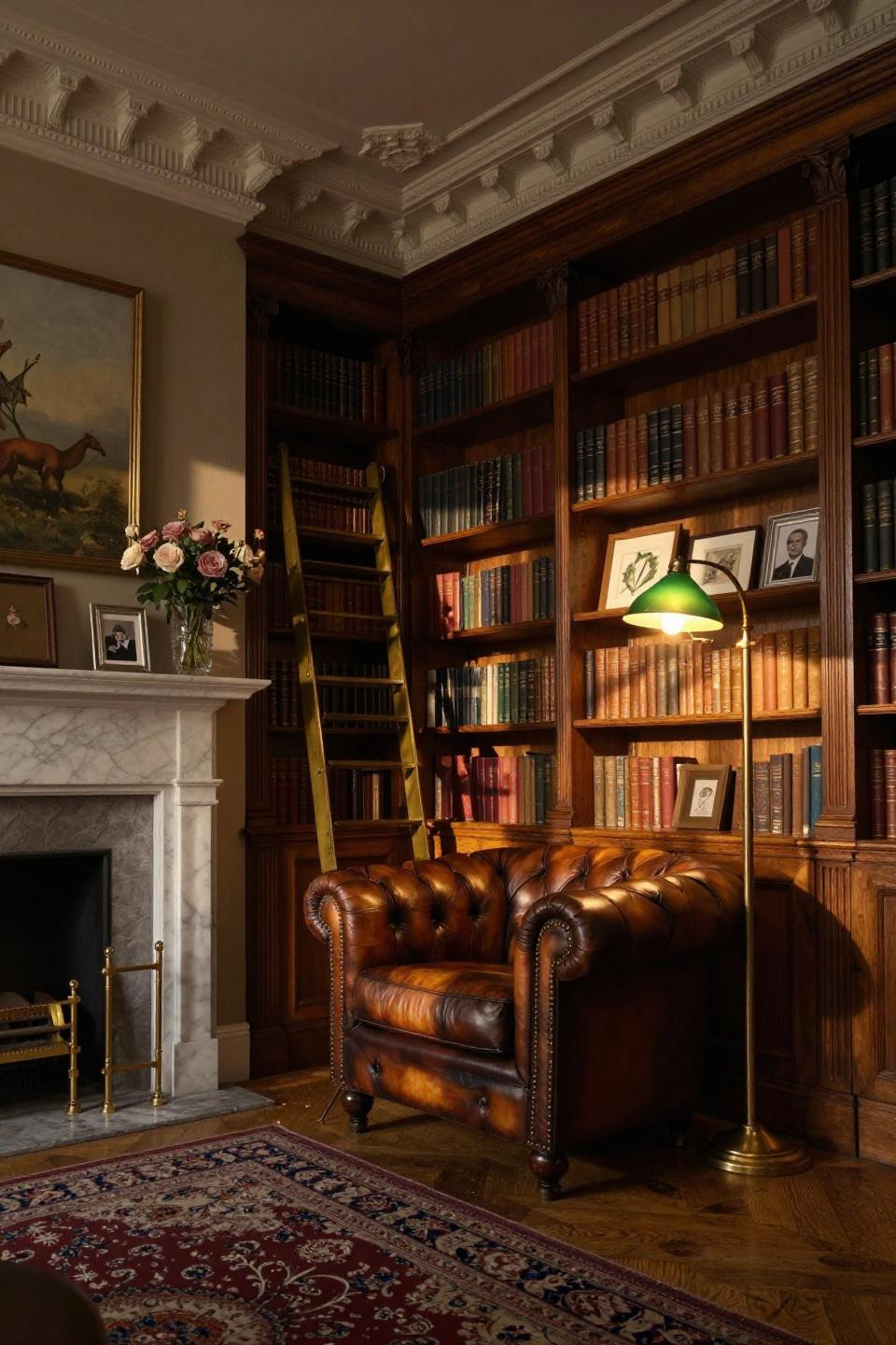 Small home library ideas with Carrara marble fireplace and floor-to-ceiling walnut shelving in Georgian townhouse