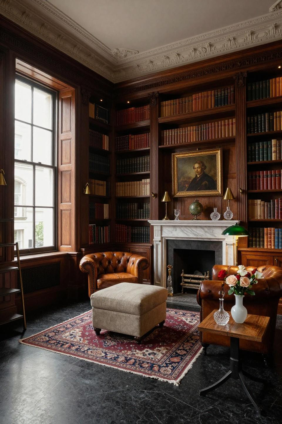 Small home library ideas featuring floor-to-ceiling mahogany shelving with brass library ladder in London Georgian townhouse