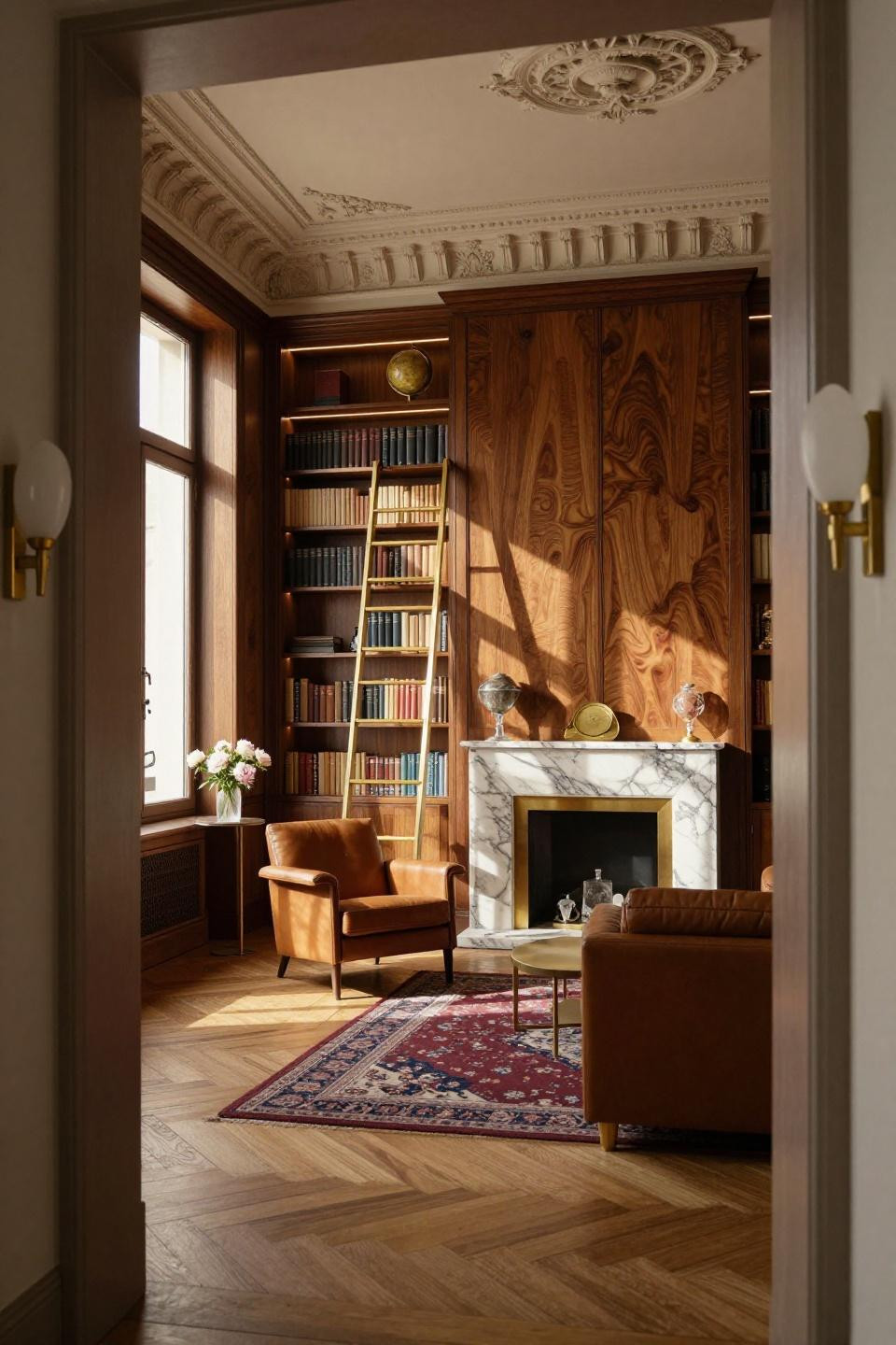 Small home library ideas with bespoke walnut millwork and brass rolling ladder in Parisian Haussmann villa