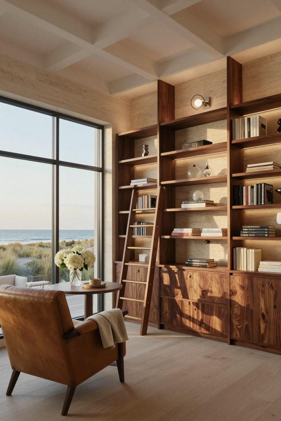 Small home library ideas featuring floor-to-ceiling walnut burl shelving with brass library ladder in Hamptons beach house