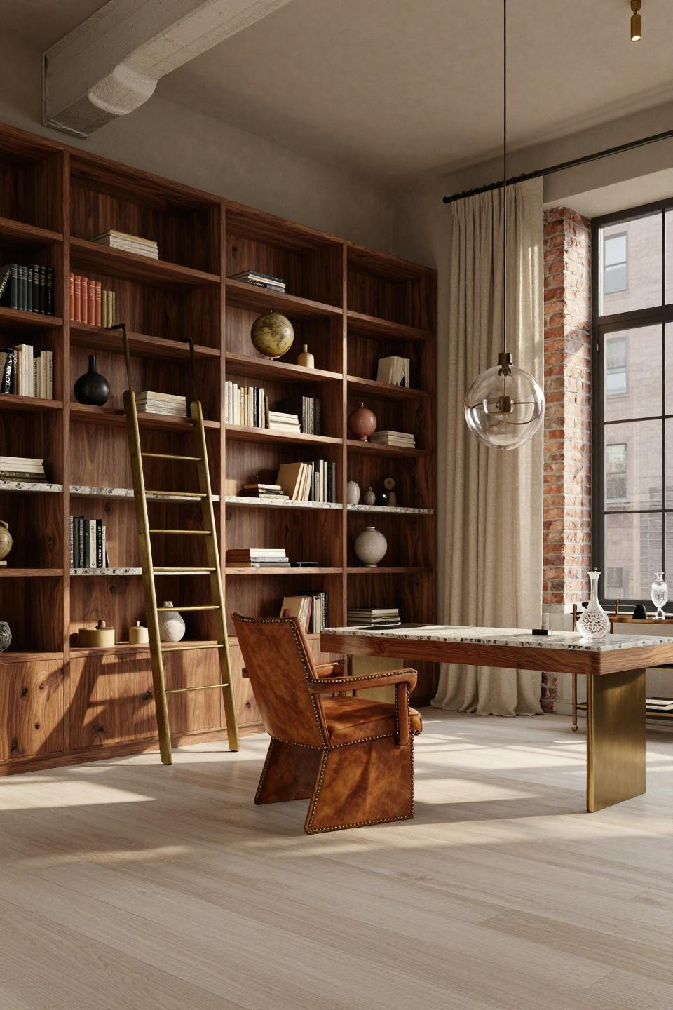 Small home library design with walnut burl bookshelves and brass ladder in NYC loft