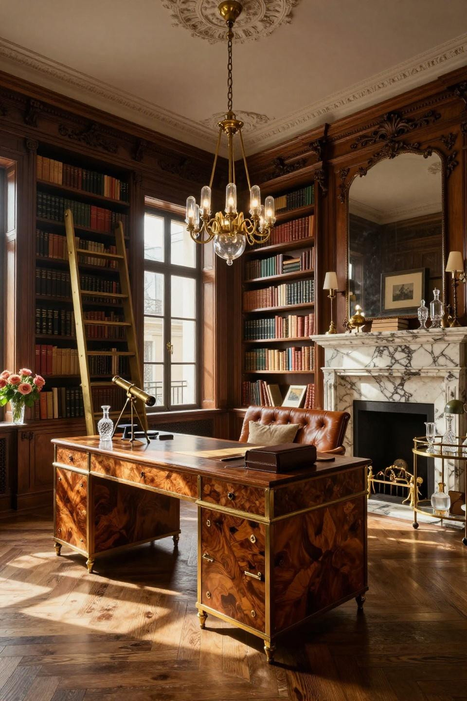 Small home library design with mahogany bookshelves and brass ladder in Parisian villa