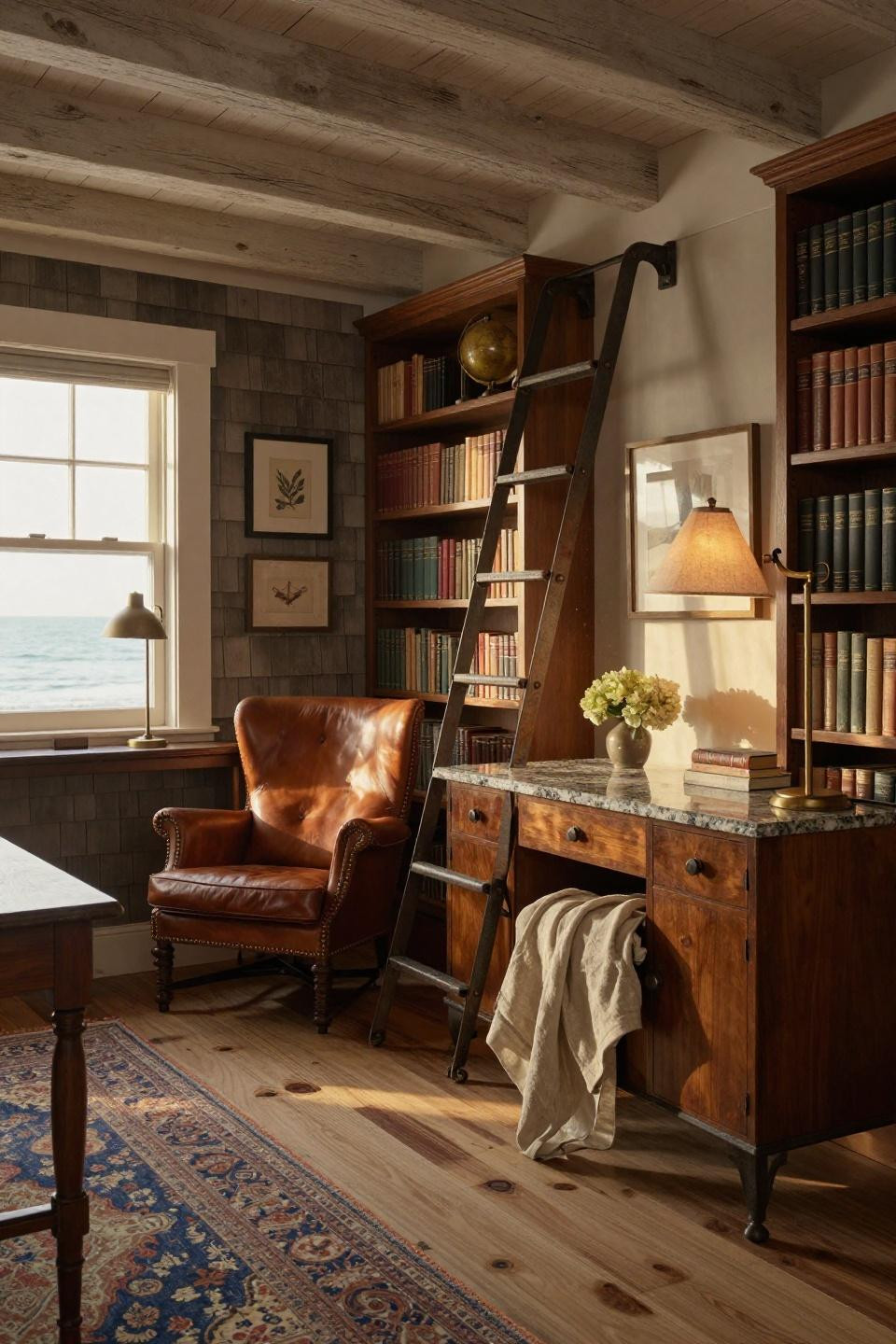 Small home library design with honed granite bookshelves and wrought iron ladder in Hamptons townhouse