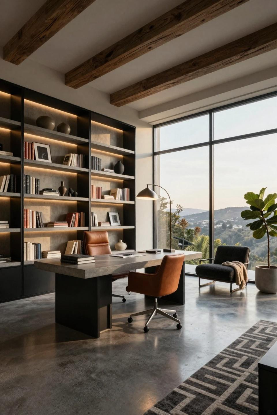 Small home library design with blackened steel bookshelves and concrete shelving in estate penthouse