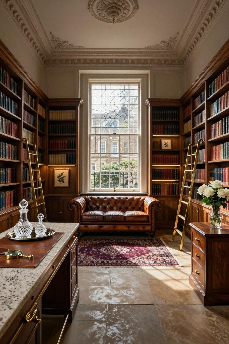 Small home library design with English oak bookshelves and satin nickel ladder in London townhouse