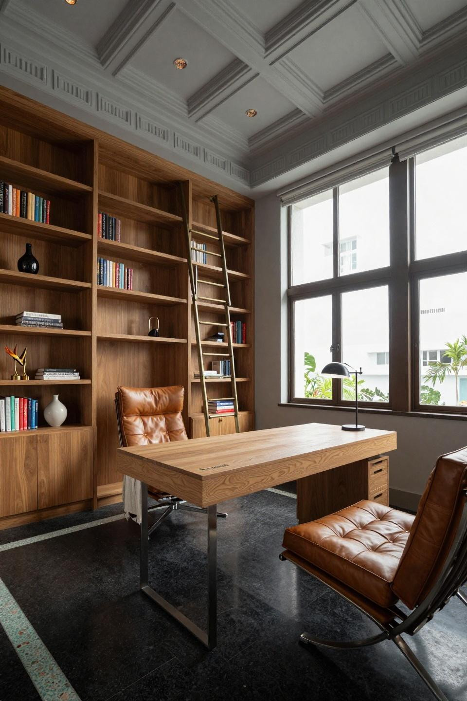 Small home library design with bleached ash bookshelves and bronze ladder in South Beach loft