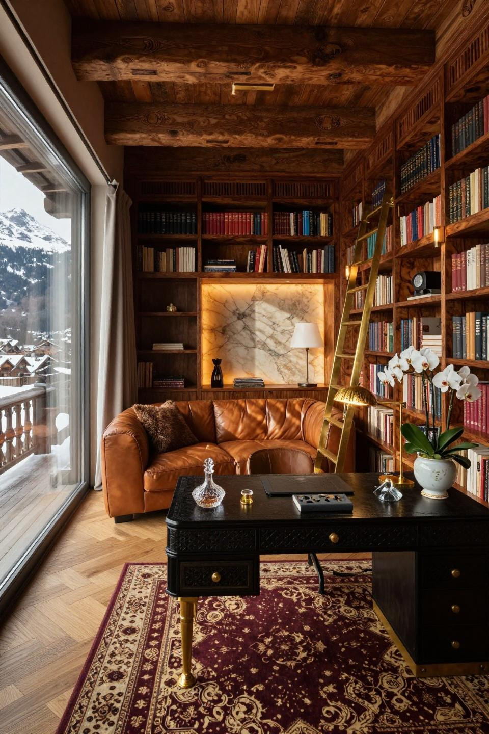 Small home library design with walnut burl bookshelves and onyx panels in Swiss chalet