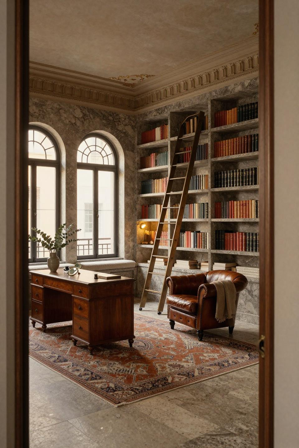 Small home library design with travertine stone bookshelves and bronze ladder in Milanese apartment