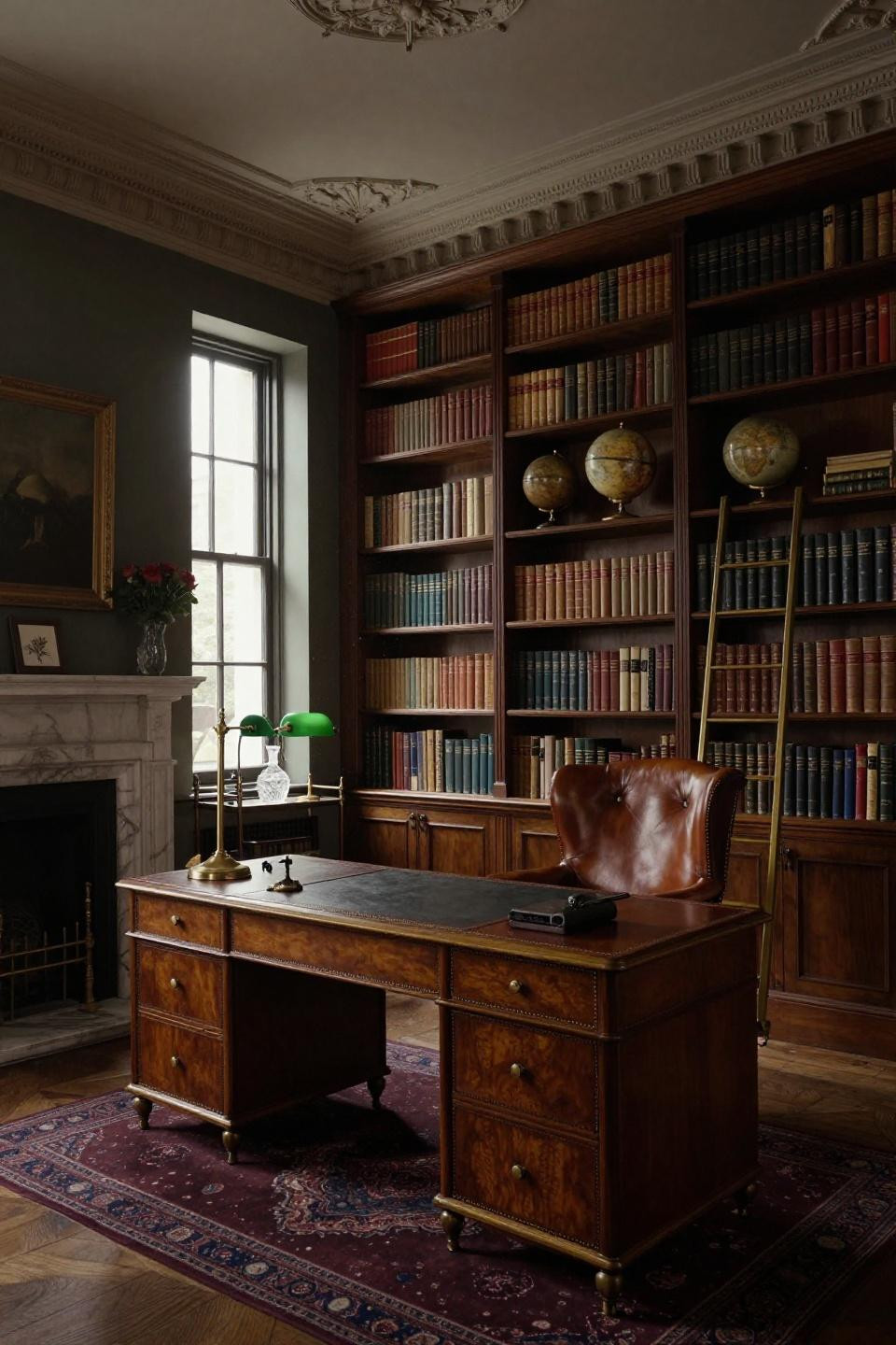 Moody library room with mahogany bookshelves and brass ladder in London Georgian townhouse