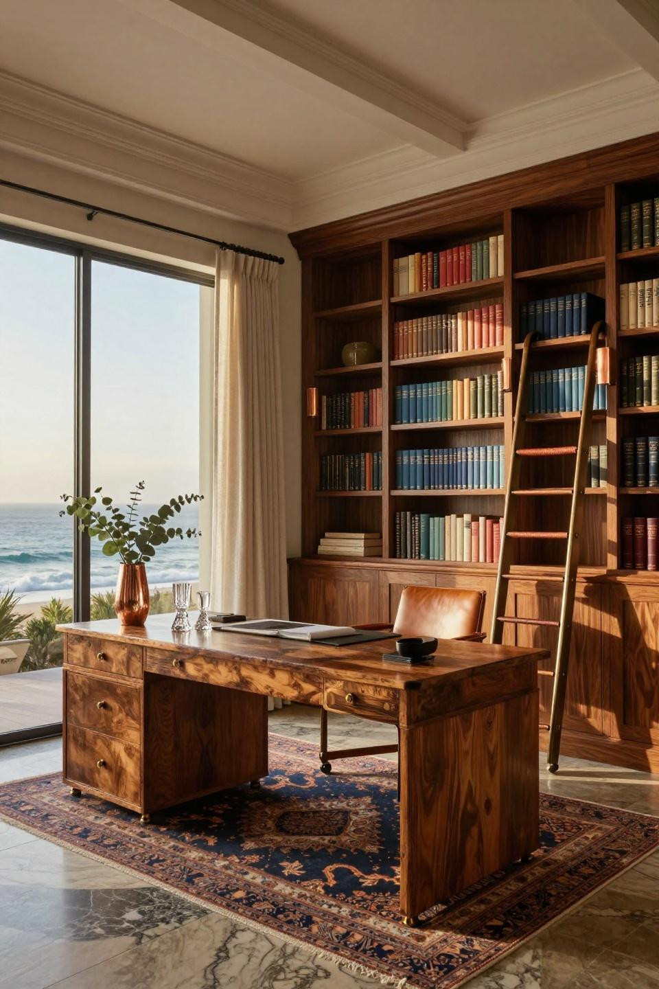 Small library room ideas with aged walnut bookshelves and Pacific Ocean views in beach house villa