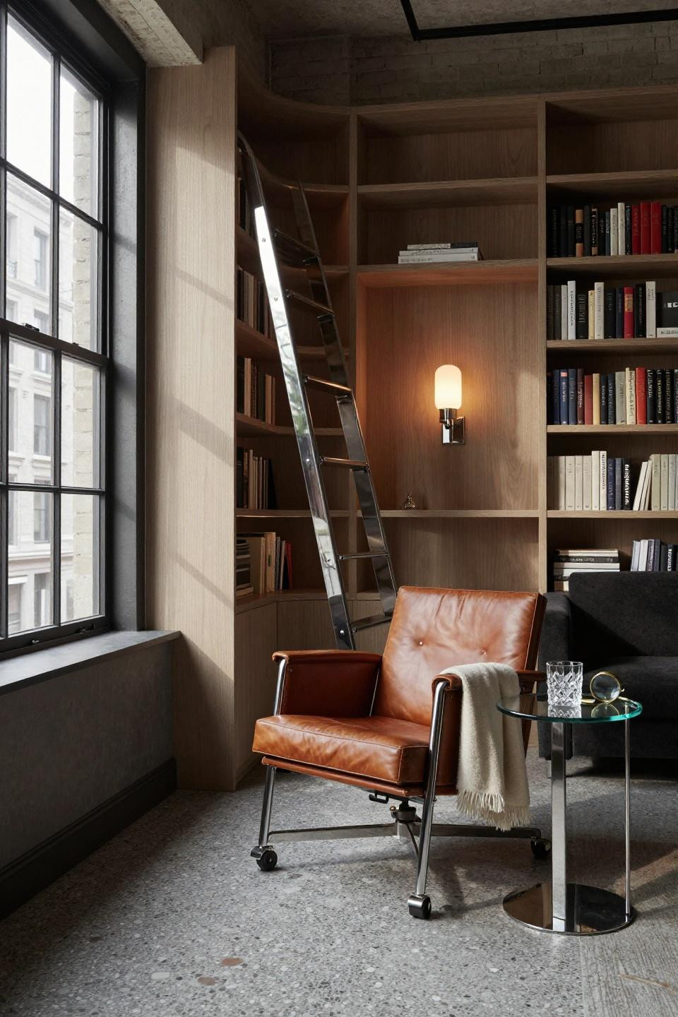 Small home library ideas with cerused white oak bookshelves and chrome ladder in Manhattan loft