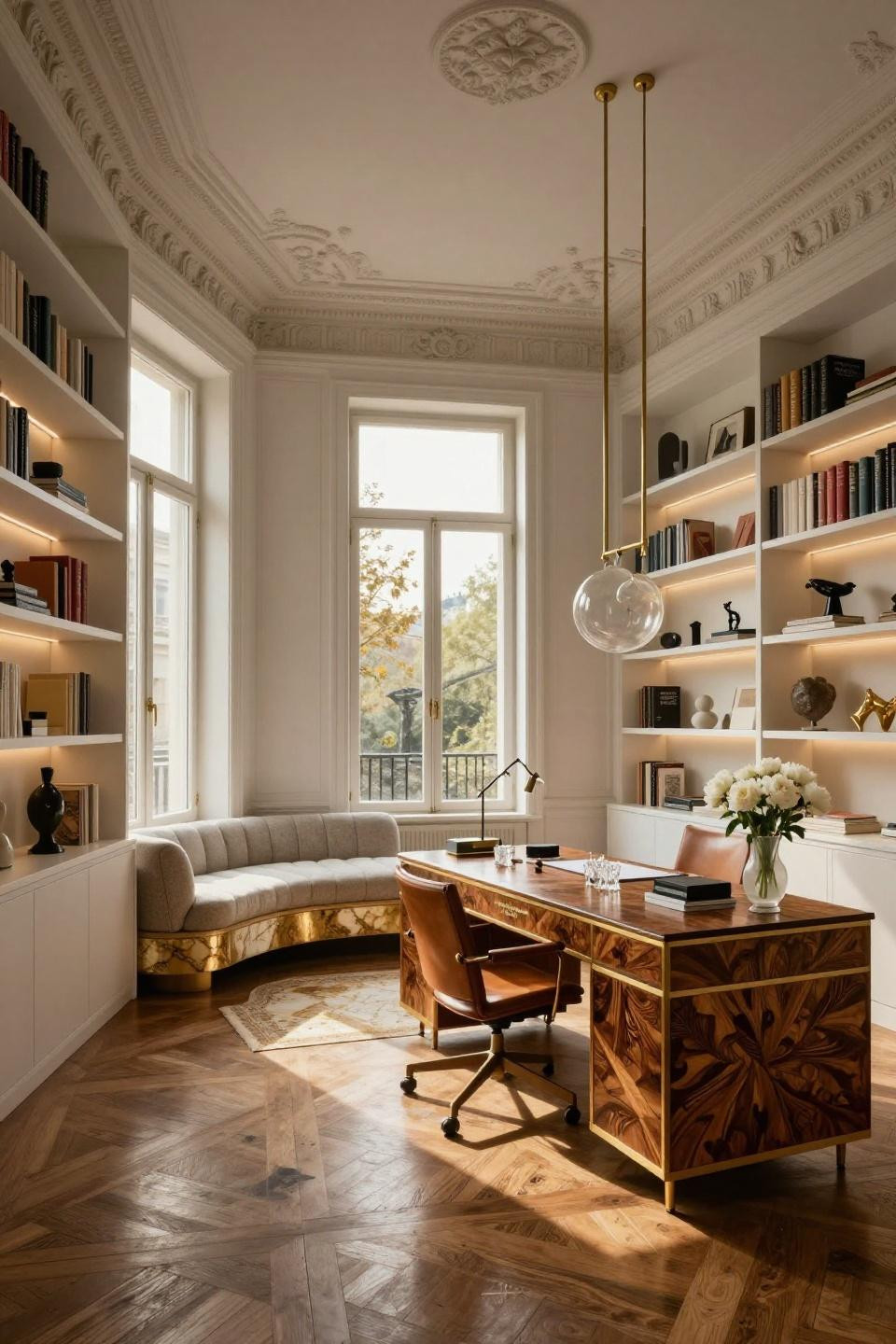 Diy home library with white lacquered bookshelves and Calacatta marble in Haussmann apartment