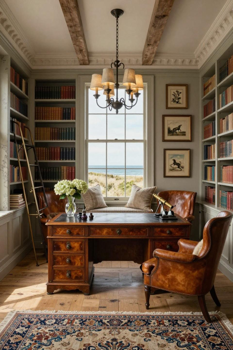 Library office room ideas with honed granite bookshelves and wrought iron ladder in Amagansett estate