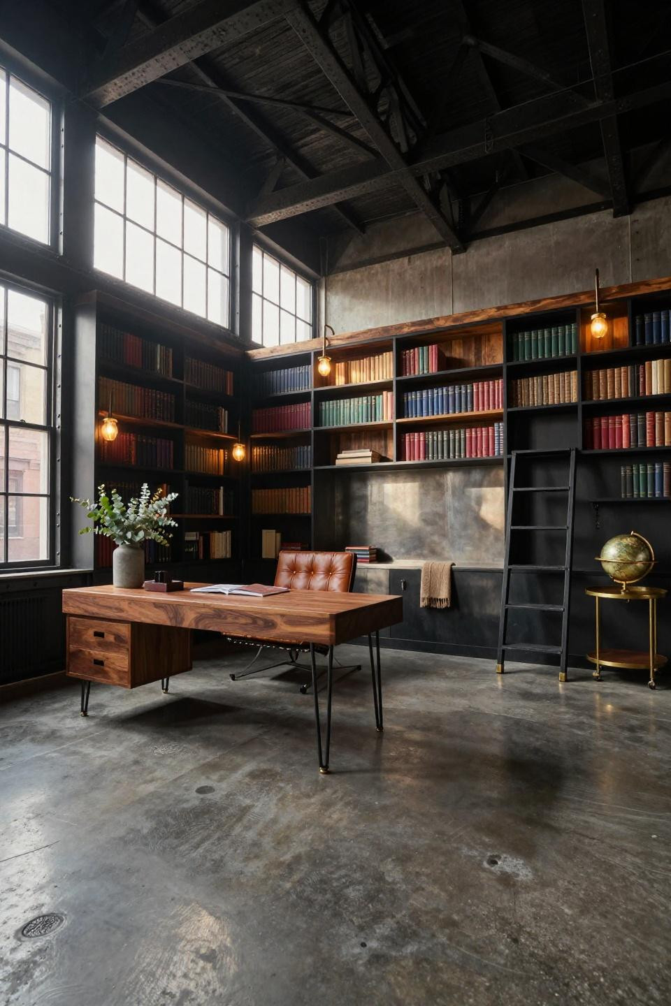 Office and library combo with blackened steel bookshelves and reclaimed Douglas fir in industrial loft