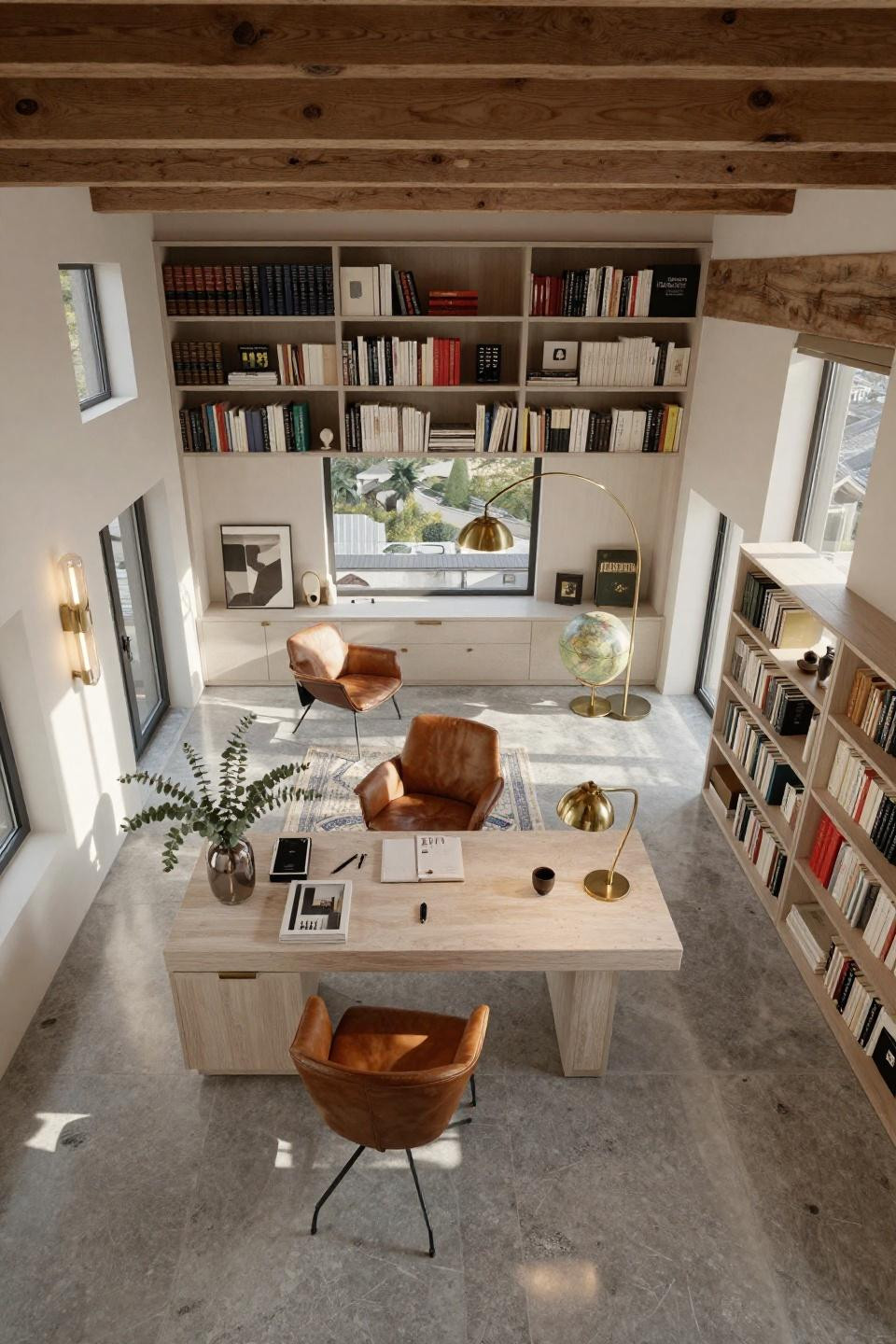 Home office with bookshelves in cerused white oak with satin nickel hardware and limestone desk