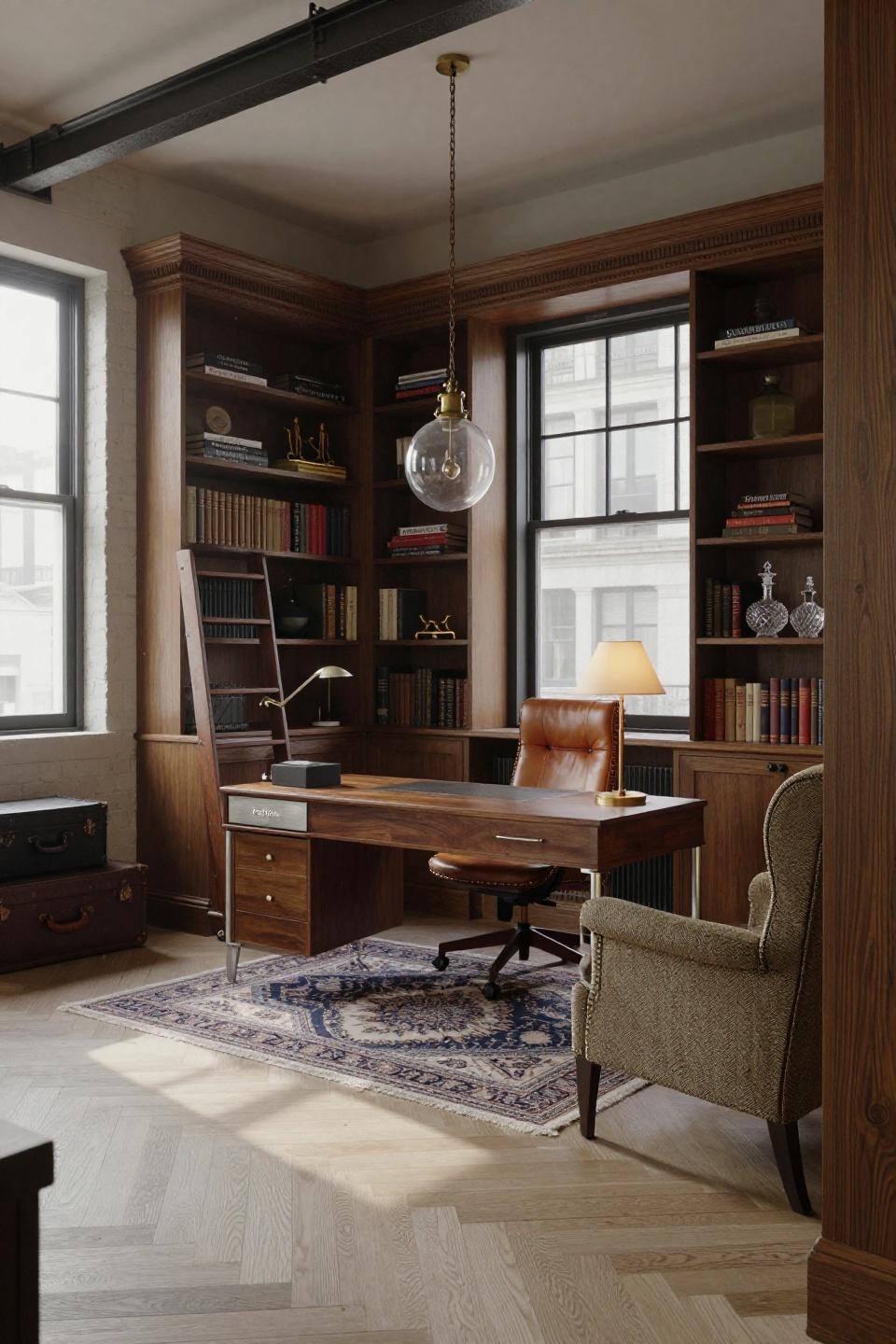 Built in bookshelves with English oak millwork and brass hardware in NYC loft