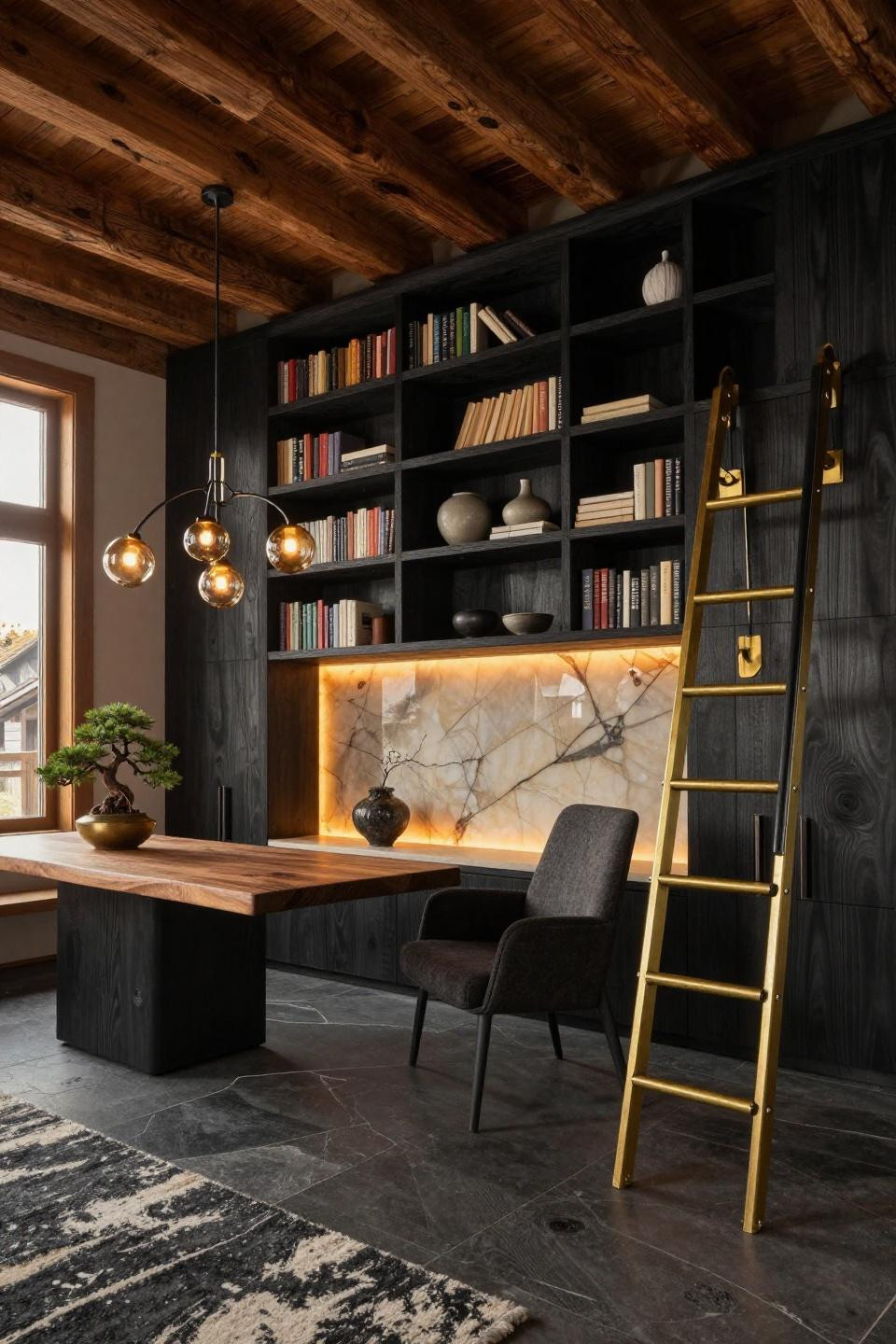 Small home library room with ebony bookshelves and George Nakashima desk in Swiss chalet