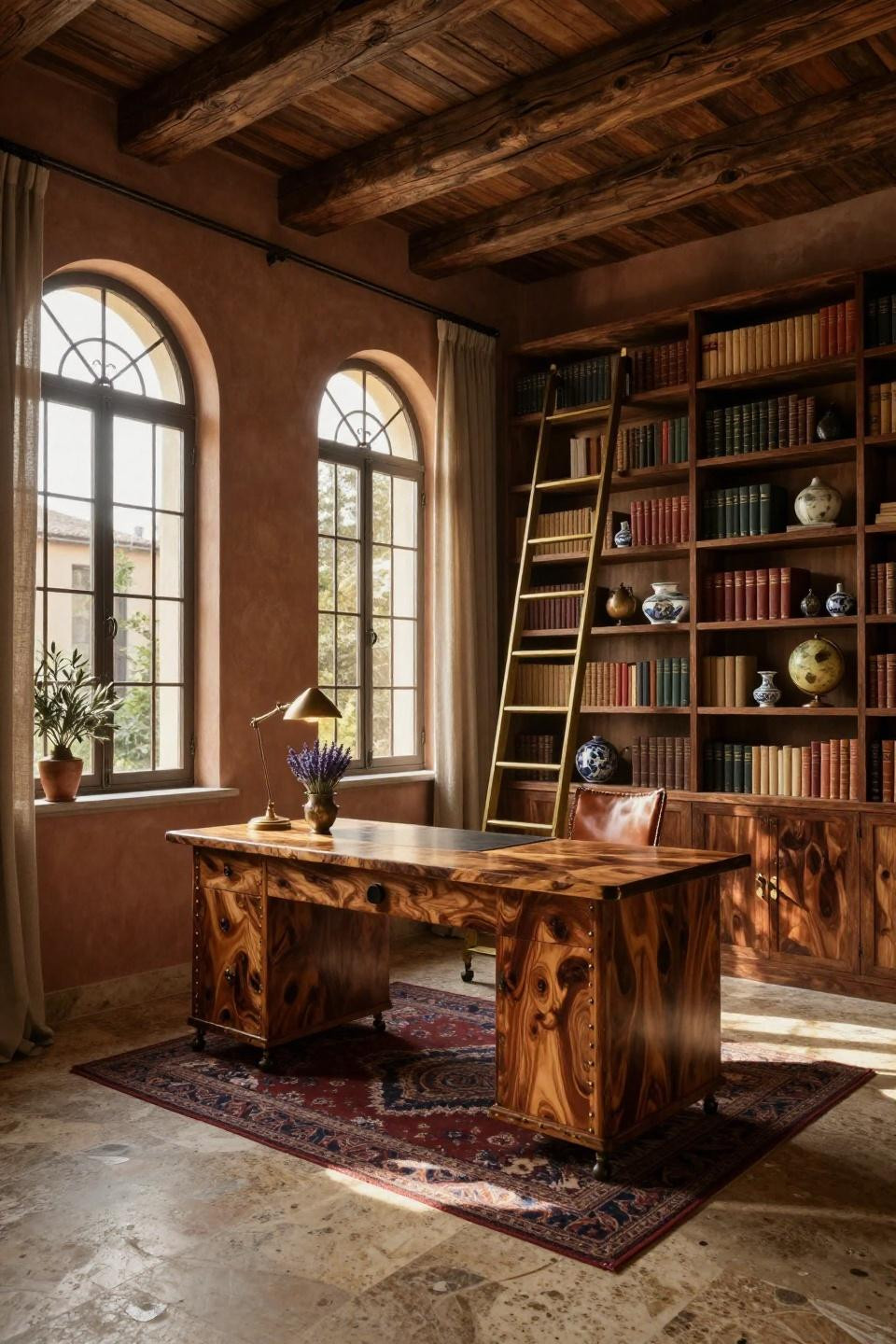 Small home library design with reclaimed walnut bookshelves and brass ladder in Milanese villa