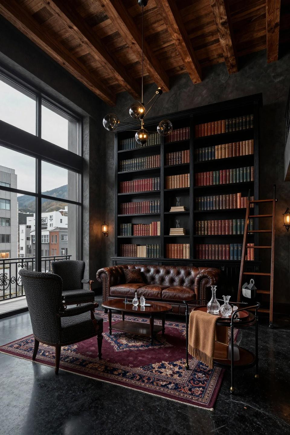 Dark moody library in Tokyo penthouse with black lacquered shelving and Harris Tweed chairs