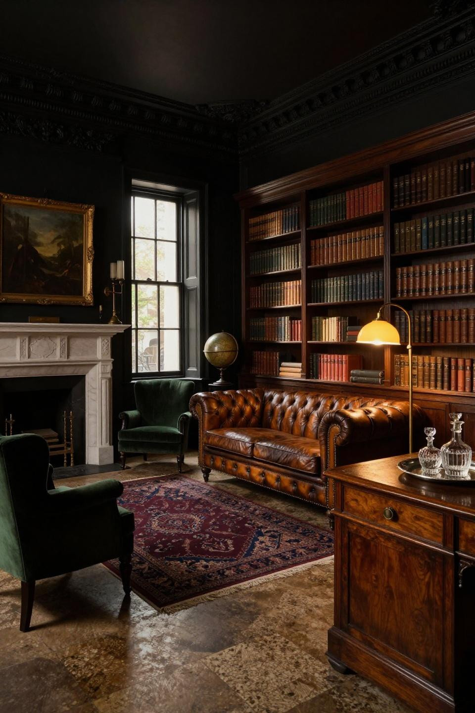 Dark moody library with aged travertine flooring and hand-carved bronze fixtures