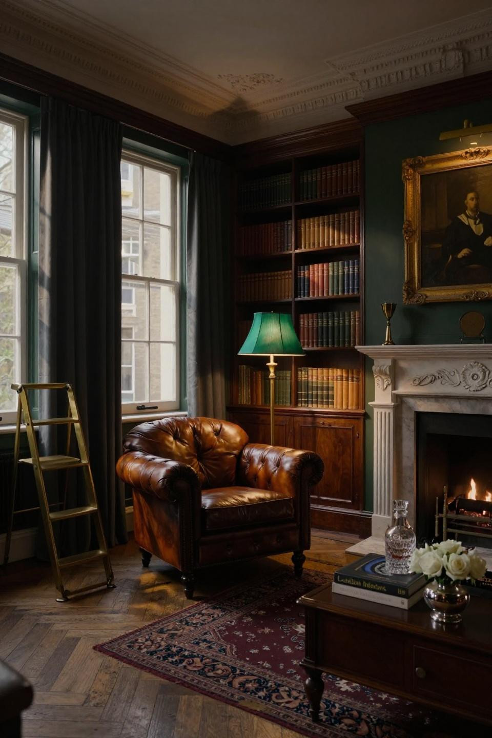 Dark moody library corner with Chesterfield armchair and brass floor lamp with emerald shade