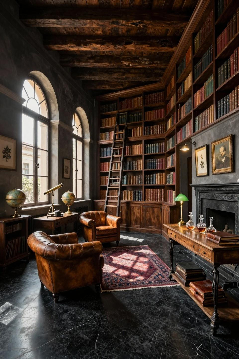 Dark moody library in Milanese palazzo with arched windows and rolling mahogany ladder