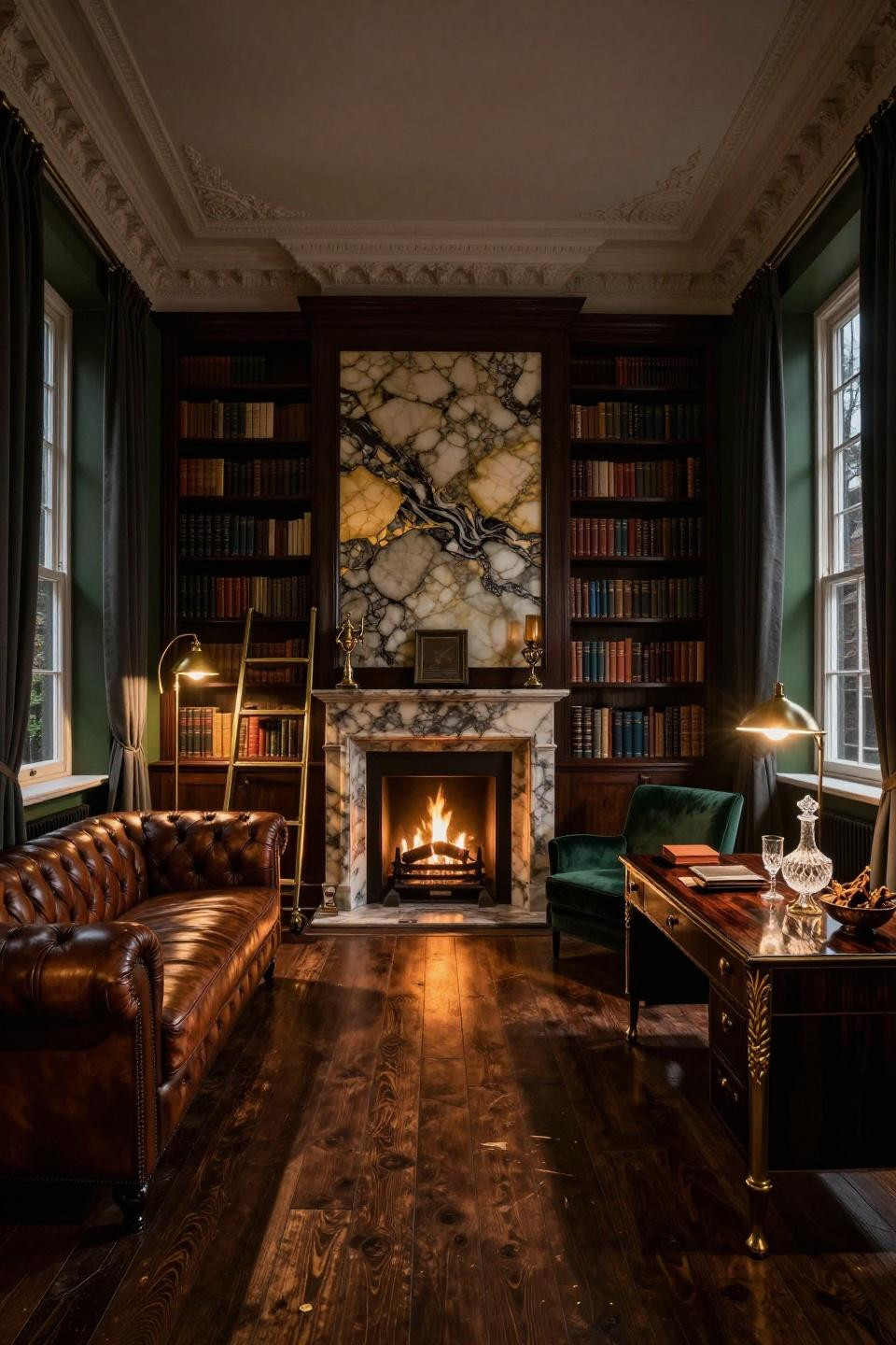 Dark moody library at twilight with backlit onyx panels and gold leaf millwork