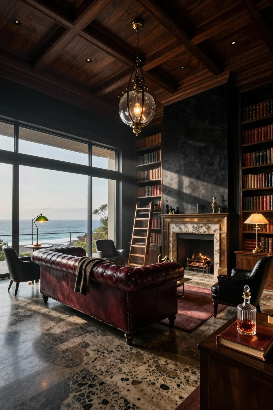 Dark moody library in Malibu penthouse with bronze-framed windows and travertine flooring
