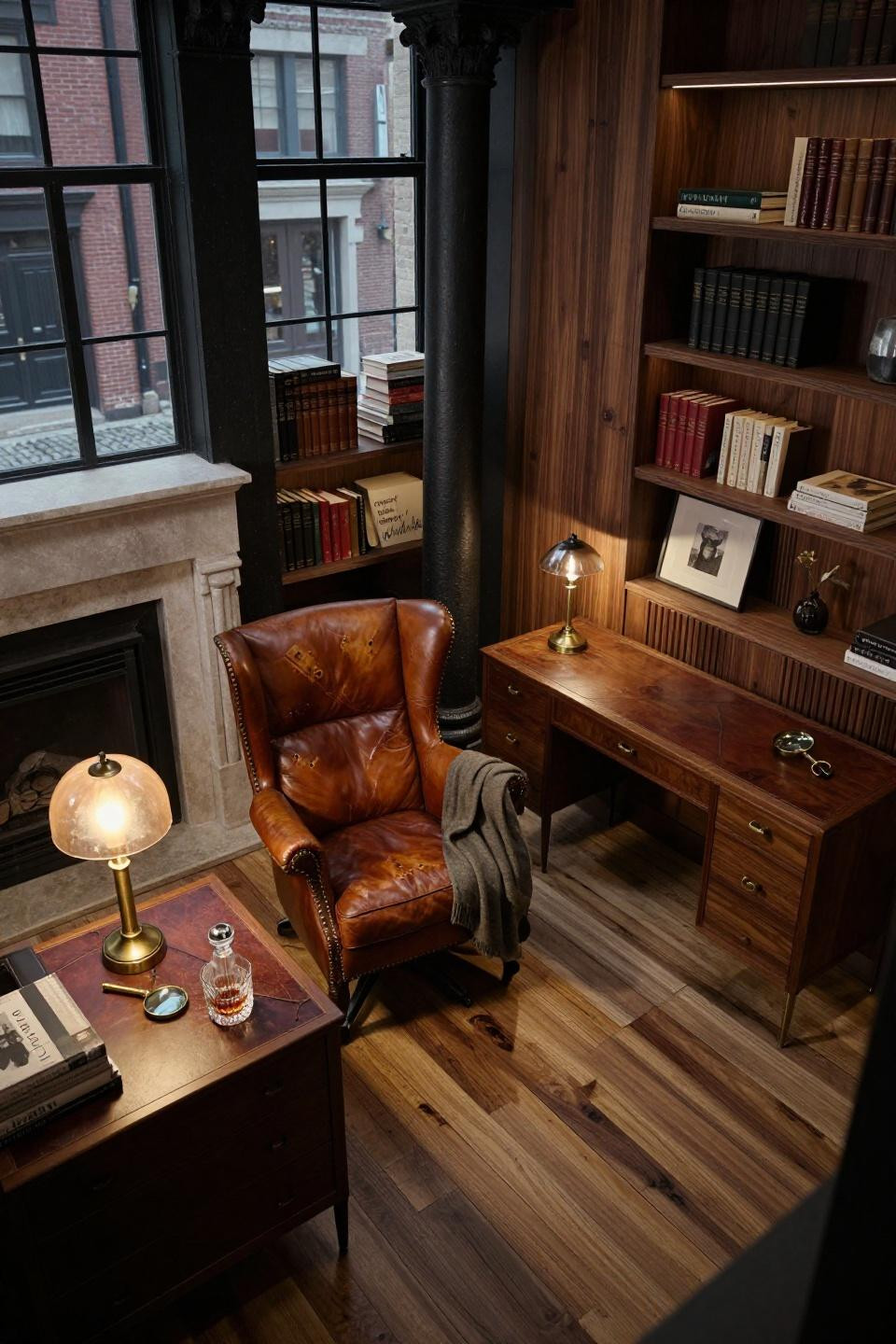 Dark moody library overhead shot with cognac leather wingback and walnut shelving