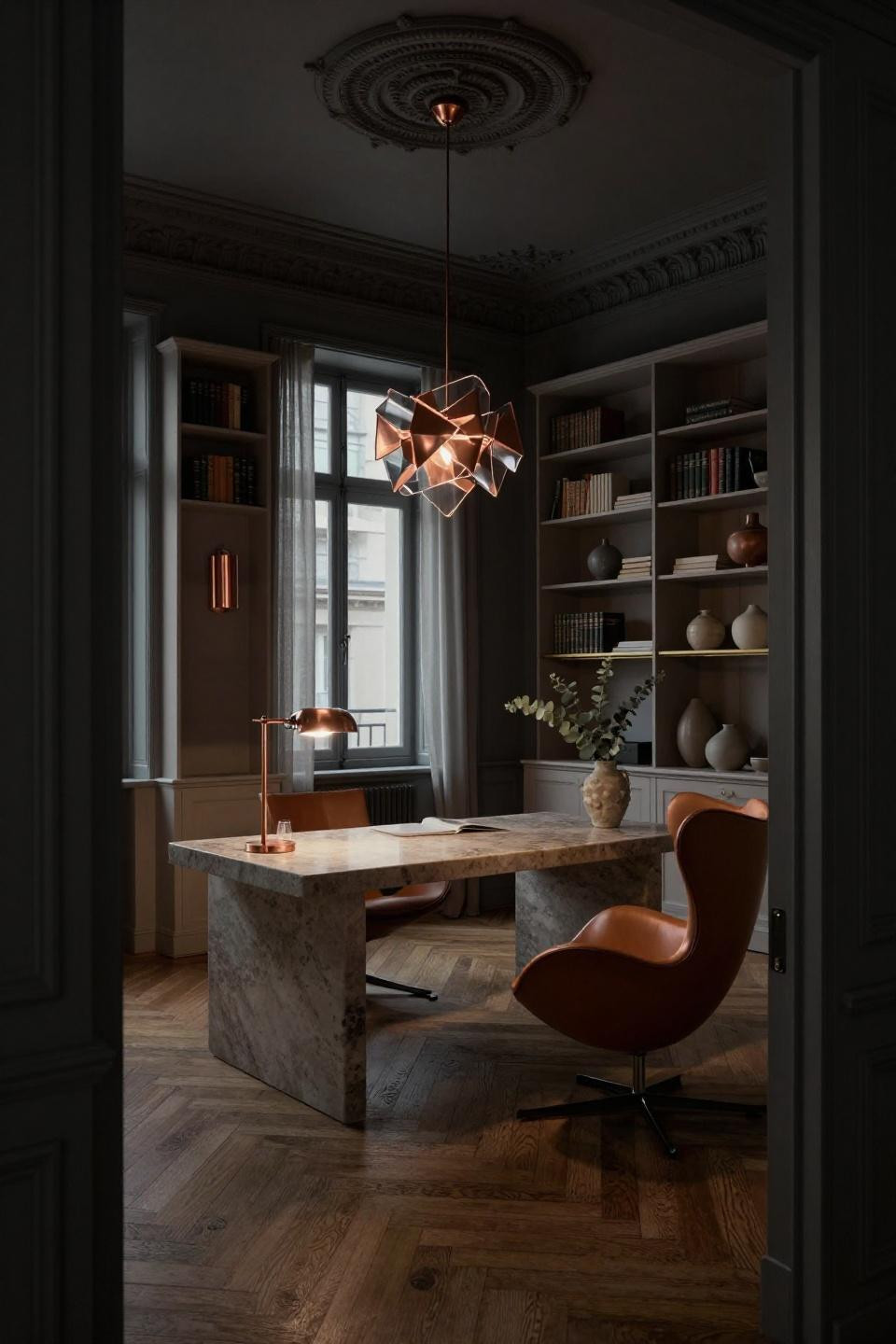 Dark moody library with pale ash shelving and copper task lighting in Haussmann apartment