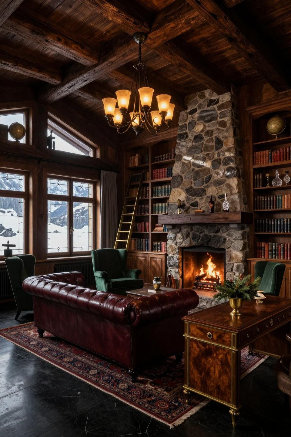 Dark moody library in Alpine chalet with burgundy Chesterfield before granite fireplace