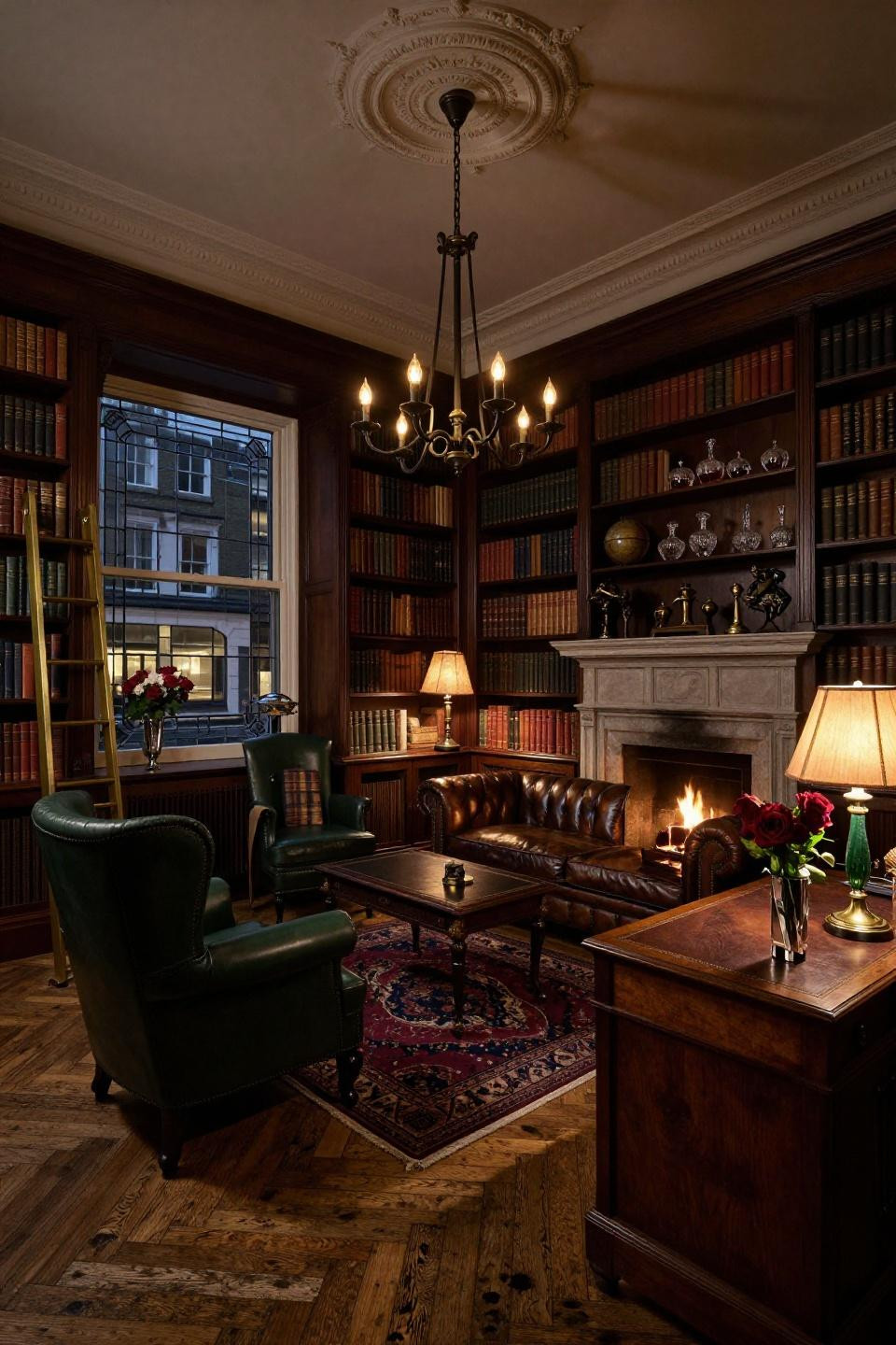 Dark moody library at twilight with crackling fireplace and vintage Chesterfield