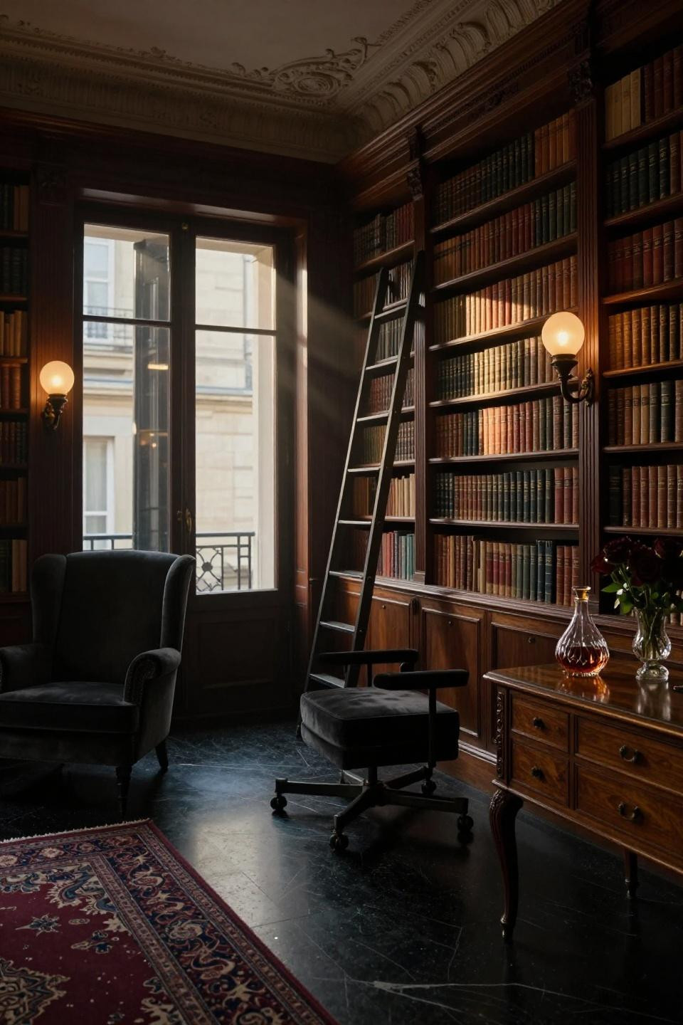 Dark moody library with floor-to-ceiling mahogany bookcase and wrought iron rolling ladder