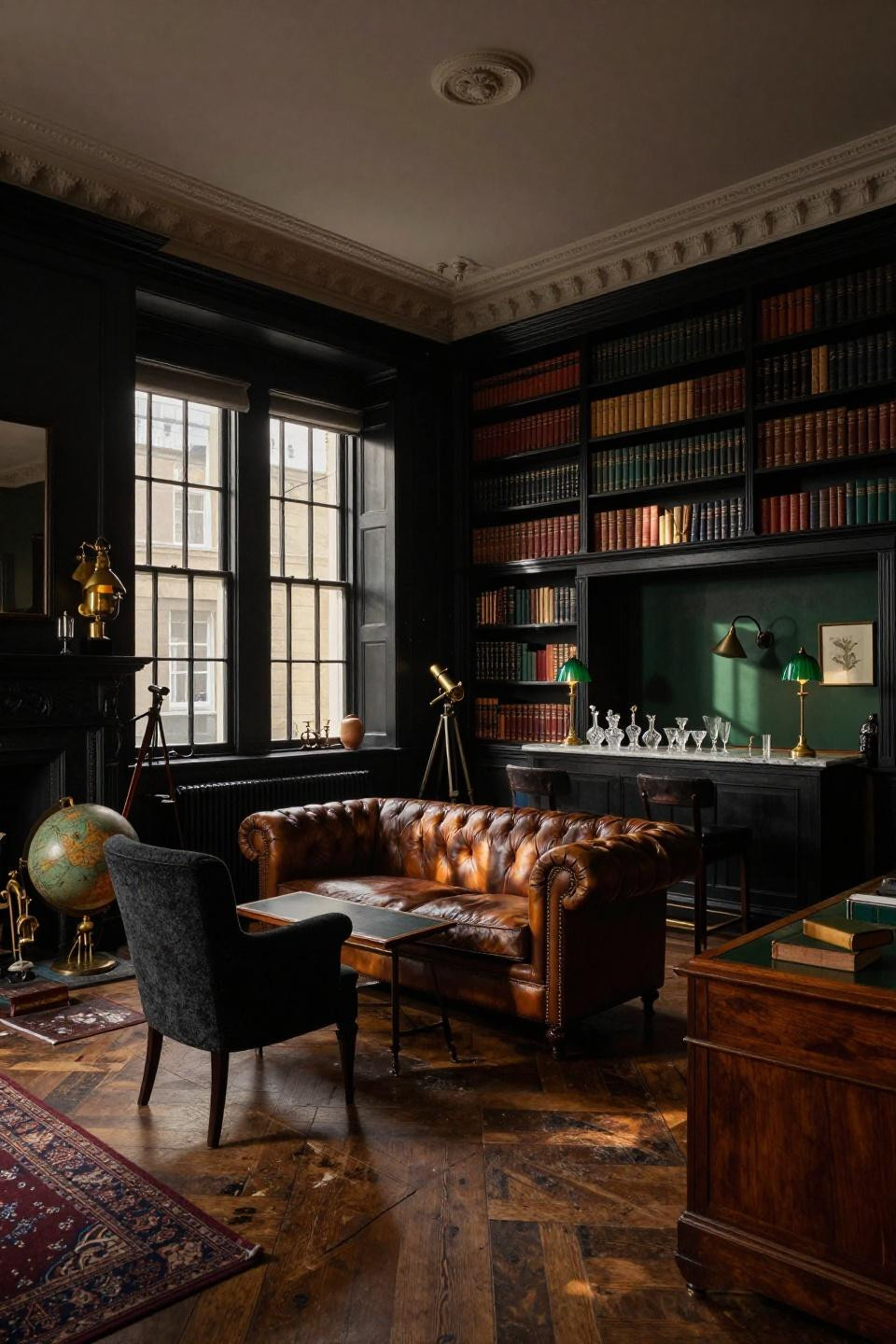 Moody library room with custom black-painted shelving and deep forest green bar corner
