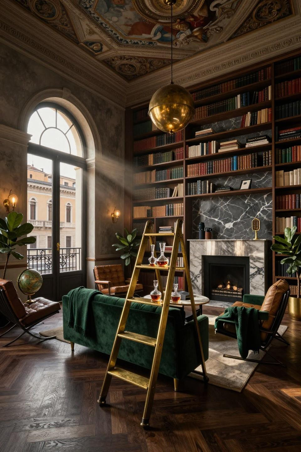 Moody den with vintage rolling brass library ladder against floor-to-ceiling walnut shelving