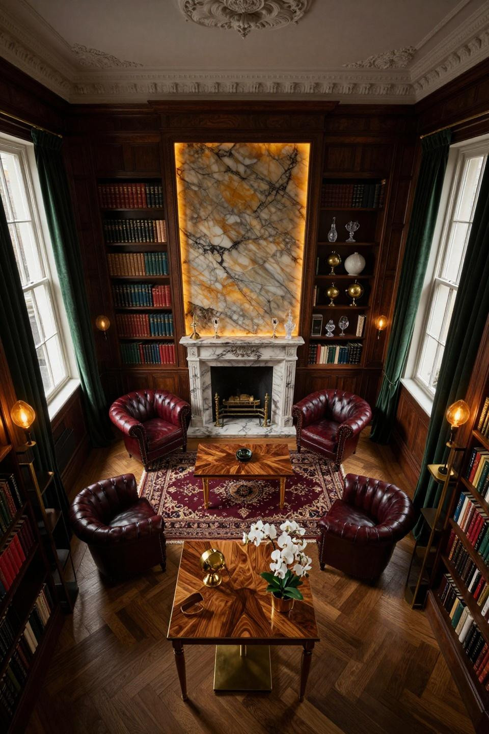 Vintage home library with backlit onyx panels flanking carved marble fireplace