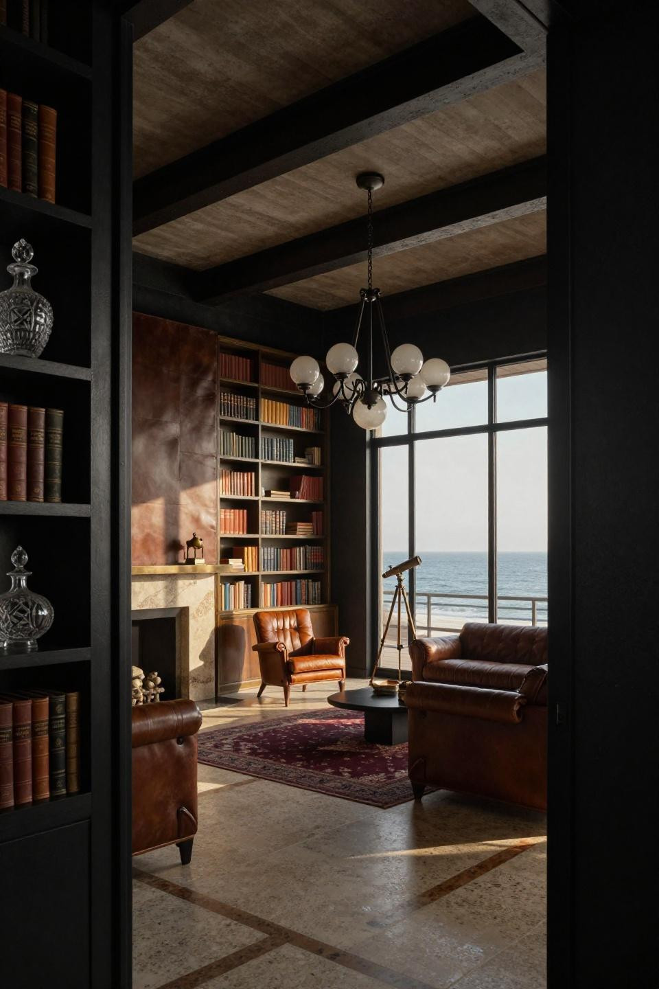 Black library room with floor-to-ceiling leather wall in aged bronze framework