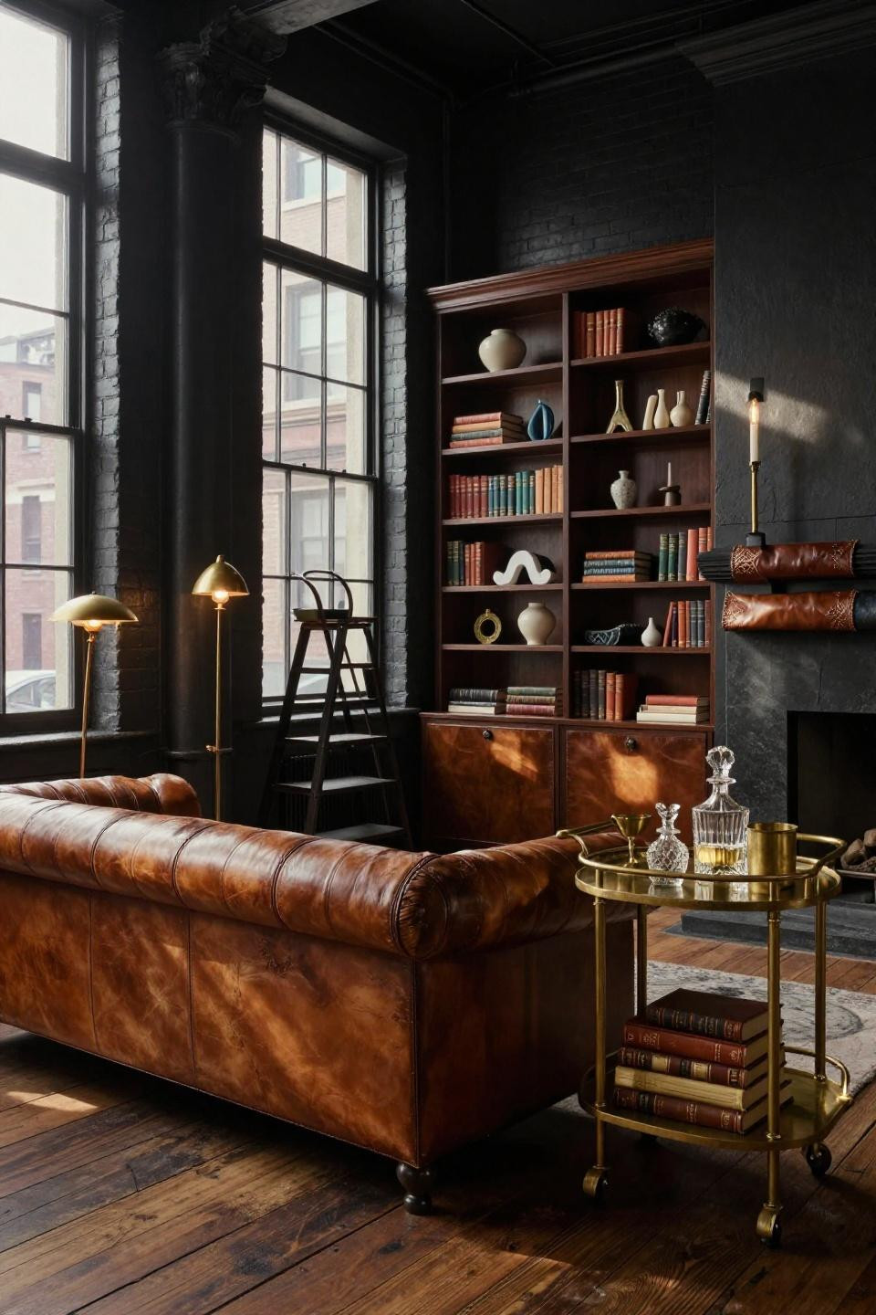Library bar room featuring vintage brass cart with crystal decanters against leather-paneled bookshelves