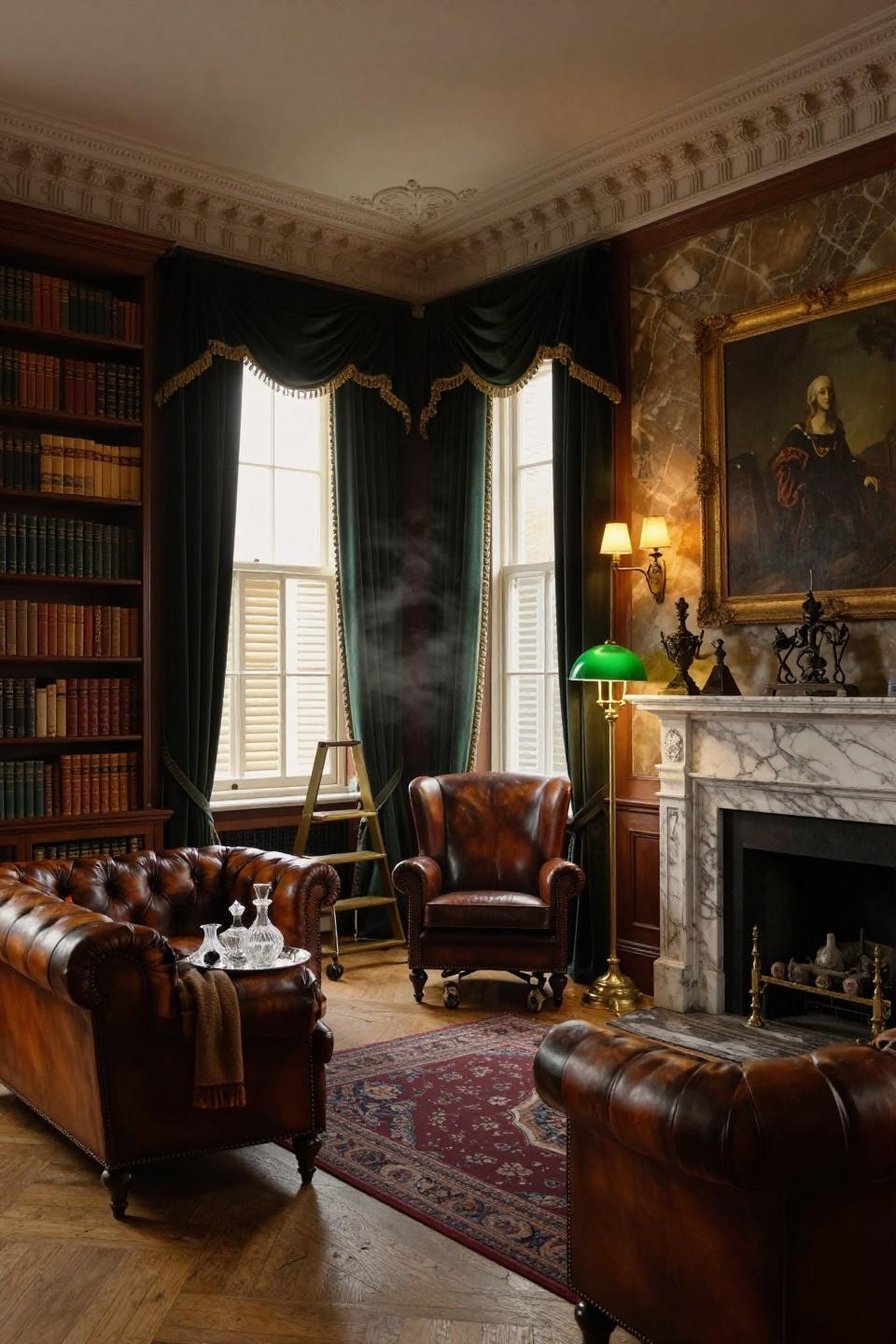 Dark green library room with floor-to-ceiling velvet curtains and hand-carved gold leaf pelmets