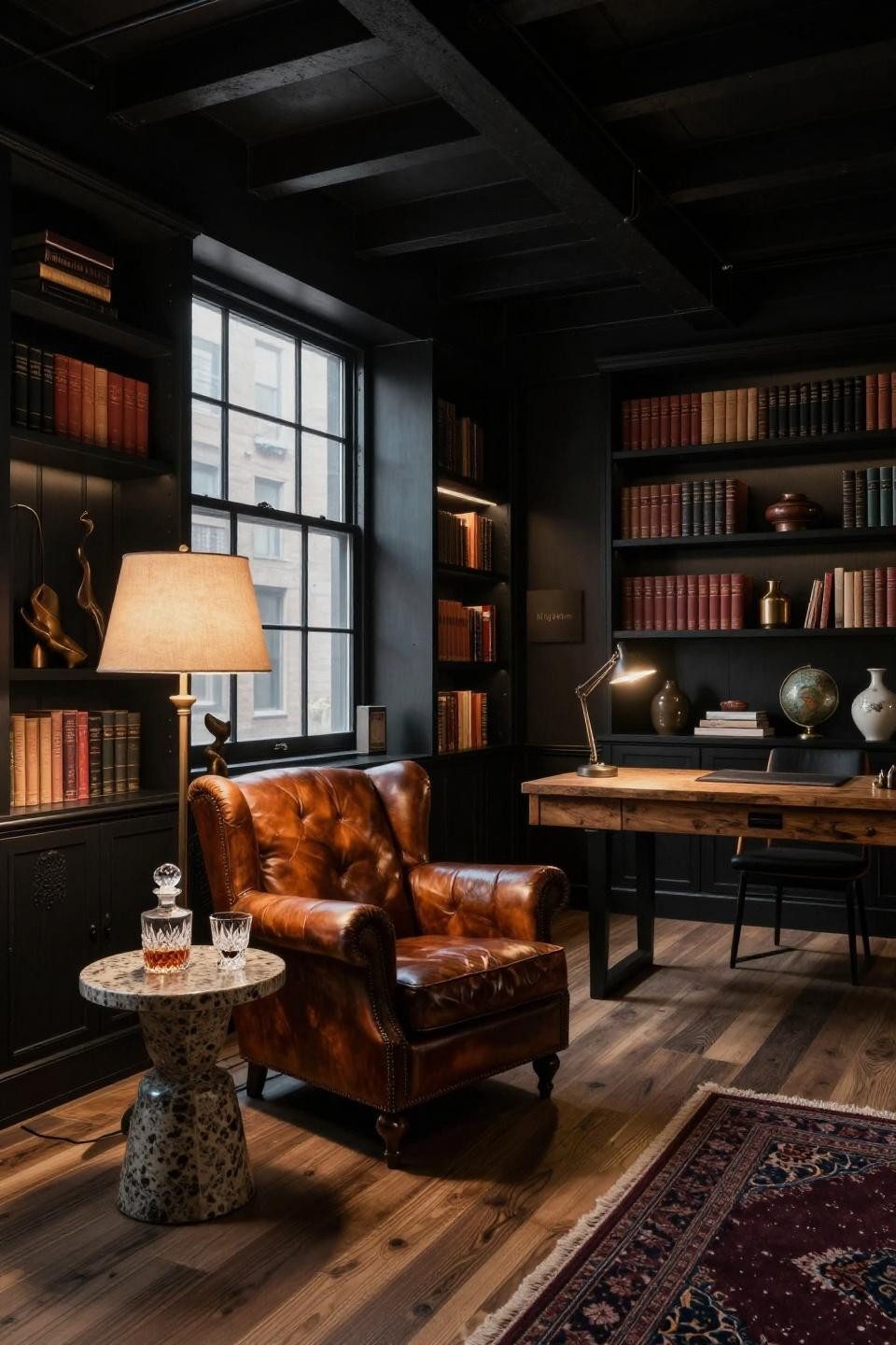 Home library ideas cozy featuring vintage Chesterfield armchair with brass floor lamp and travertine side table