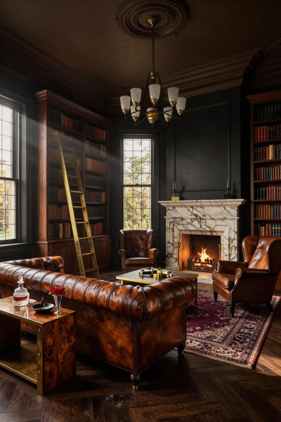 Dark moody library with vintage cognac leather Chesterfield sofa and Calacatta marble fireplace