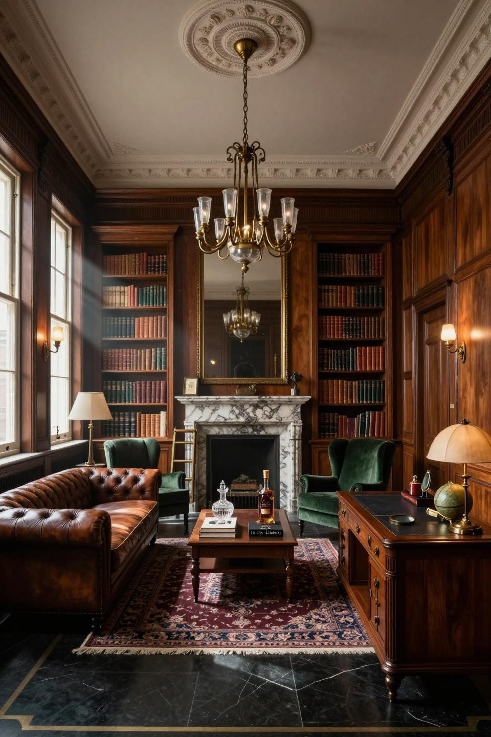 Moody home library ideas featuring floor-to-ceiling mahogany bookshelves with rolling brass ladder
