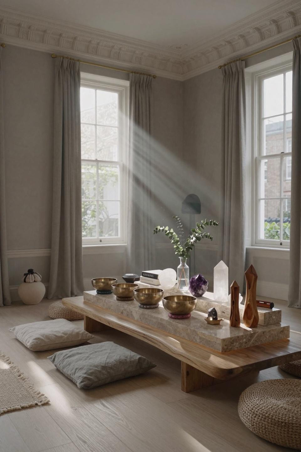 Healing room decor with crystal healing altar on natural French limestone